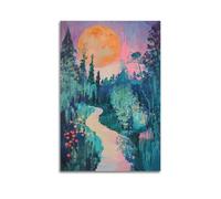 DLJGDS Large Orange Moon over Enchanting Forest Pathway with Colorful Blooms Decorative Painting Canvas Wall Posters And Modern Family Bedroom Decor 08x12inch(20x30cm)