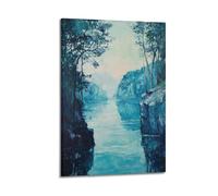 DLJGDS Serene River Surrounded by Lush Trees in Calming Blue Hues Decorative Painting Canvas Wall Posters And Modern Family Bedroom Decor 12x18inch(30x45cm)