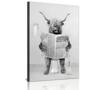DLKAJFK Newspaper Highland Cattle Lion Bear Rabbit Sloth Monkey Black and White Wall Art Canvas Bathroom Decorative Wall Painting Frameless (Highland Cattle 7.30 x 40 cm)