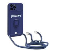 Dllatui Mobile Phone Case Compatible with iPhone 16 Pro Max, Collar Lanyard, Silicone Case with Camera Protection Slider, Rotating Stand with Card Slot, Necklace Case (Blue)