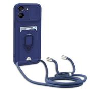 Dllatui Mobile Phone Case Compatible with Xiaomi Poco M7 Pro 5G, Collar Lanyard, Silicone Case, with Camera Protection Slider, Rotating Stand with Card Slot, Necklace Case (Blue)