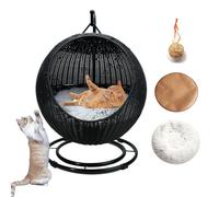 DLLDLGG 17" Weaved Cat Bed, Hand Made Cat Swing Bed, Two Soft Cushions, Wicker Design, Sturdy, Washable Pet Swing For Cat, Small Dog, Small Animals(Black)