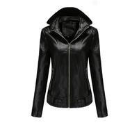 DLLDLGG Hooded Leather Jacket Women Casual Motorcycle PU Biker Coat Hooded Leather Bomber Jacket with Removable Hood