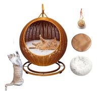 DLLDLGG Rattan Cat Bed, Cat Egg Chair Swinging Elevated Cat Bed House Nest with Soft Cushion & Hanging Toy, Two Soft Cushions, Washable, Cozy, Wicker Design, Sturdy(Brown)