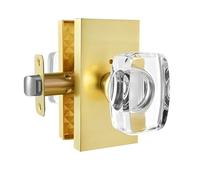 Dllween Glass Door Knob, Gold Crystal Door Knob Interior with Lock, Satin Brass Privacy Modern Door Knob Rectangular for Bedroom Bathroom, Brushed Gold