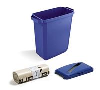 DLM Direct DURABIN 60L Blue Rectangular Waste Bin & Blue Hinged Lid with Paper Slot & 25x 110L Eco Bin Bags with Easy Carry Handles for Rubbish Collection in Offices Homes Kitchens Schools