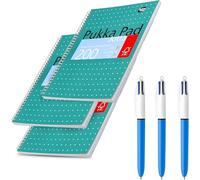 DLM Direct Pukka Pad A4 Metallic Jotta Book 3 Pack with BIC 4 Colours Original Pens 3 Pack, Wirebound Spiral Notebooks 200 Pages 80GSM, Perforated Sheets, 4 Hole Punch, 1.0mm