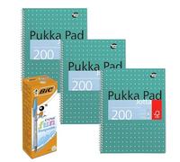 BIC Cristal Fun Ballpoint Pens Pack of 20 with Bold 1.6mm Tip and Turquoise Ink & Pukka Pad A4 Notebook Pack of 3 with Metallic Covers and 200 Pages for Creative Writing, Note-Taking, and Journaling