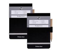 DLM Direct Pukka Pad Pocket Notebook - A7 Notepad with Pencil and Elasticated Strap, 200 Ruled Pages Pocket-Sized Black Notebook, Headbound Small Journal for Quick Notes, Travel & Work