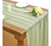 Dlpafzy Sage Green Pearl Spring Summer Table Runner Boho Rustic Tulle Lace Mothers Day Table Runner for Baby Shower Wedding Arch Decor Veil Dessert Table Decor