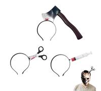 DLPRK Set of 3 Halloween Headbands: Axe, Needle & Scissors - Realistic In-Head Shock Effect Ultra Light Plastic Headpiece for Men & Women Perfect Costume Accessory for Zombie Parties