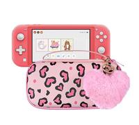 DLseego Carry Case Compatible with Switch lite,Heart Leopard Hard Portable Pouch Game Storage Travel Bag with 1PC Plush Heart Charm,Pink