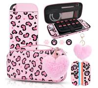 DLseego Carry Case for Switch 2,Heart Leopard Portable Storage Travel Game Carrying Case with NS 2 Dockable Protective Cover,4PCS Thumb Grip Cap and 1PC Plush Heart Charm,Pink