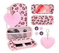 DLseego Carry Case for Switch Lite,Leopard Heart Theme Carry Travel Case with Protective Cover,4PCS Thumb Grip Caps and 1PC Plush Heart Charm,Pink