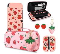 DLseego Carry Case for Switch OLED,Strawberry Theme Accessories Bundle with Dockable TPU Protective Cover,2PCS Thumb Grips and 1PC Charm,Big Strawberry