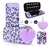 DLseego Carry Case only for Switch,Heart Leopard Carrying Storage Bag with Soft Protective Shell,4PCS Thumb Grip Cover and 1PC Plush Heart Charm,Purple Switch