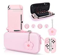 DLseego Carrying Case only for Switch,Carrying Storage Travel Pouch with Dockable Protective Shell,4PCS Thumb Grip Cover and 1PC Lovely Flower Charm,Pink