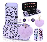 DLseego Love Heart Leopard Carrying Case for Switch 2017 Accessories Set, Portable Carrying Case with 1 Soft TPU Shell & 1PCS Plush Heart Pendant & 12 Slots & 4PCS Cat Paw Thumb Grips Caps- Purple