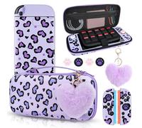 DLseego Love Leopard Carrying Case for Switch 2 2025 Accessories Set, Portable Carrying Case with 1 Soft TPU Case & 1PCS Plush Heart Pendant & 10 Slots & 4PCS Cat Paw Thumb Grips Caps- Purple