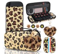 DLseego Love Leopard Carrying Case for Switch 2 2025 Accessories Set, Portable Carrying Case with 1 Soft TPU Case & 1PCS Plush Heart Pendant & 12 Slots & 4PCS Cat Paw Thumb Grips Caps- Brown