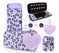 DLseego Love Leopard Carrying Case for Switch OLED 2021 Accessories Set, Portable Carrying Case with 1 Soft TPU Shell & 1PCS Plush Pendant & 12 Slots & 4PCS Cat Paw Thumb Grips Caps - Purple