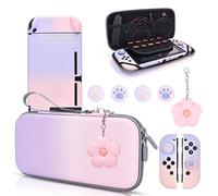 DLseego Pink and Purple Switch Case Set Gradient Carrying Case with 10 Slots Cute Protective Dockable Hard Shell with 4PCS Glitter Cat Paw Thumb Grips Caps and 1PC Flower Blossom Chain For Switch 2017