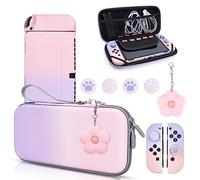 DLseego Pink & Purple Switch OLED Case Gradient Carrying Case with 10 Slots Cute Protective Dockable Hard Shell with 4PCS Glitter Cat Paw Thumb Grips Caps and 1PC Flower Blossom Chain for Switch 2021