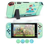 DLseego Protective Case Compatible with Switch Model, Newest Pattern Animal Crossing Design Cover Case with 2 Pcs Glass Screen Protectors and 4 Pcs Cute Thumb Grip Caps Green Accessories Set