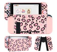 DLseego Protective Cover Case for Switch 2017 Model,Heart Leopard Dockable PC Hard Shell,Scratch Resistance Slim Protector Skin with Dock Case,2 TPU Handle Cover and 4PCS Thumb Grips,Pink
