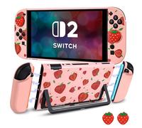DLseego Protective Hard Case for Nintendo Switch 2 2025, Soft Grip Cover for Joy Con,Detachable JoyCon Controller Shockproof & Scratch-Resistant Console Shell, 2 Thumb Grips, Strawberry - Pink 2