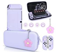 DLseego Purple Switch OLED Case Set Carrying Case with 10 Slots Babyblue Protective Dockable Hard Shell with 4PCS Cute Cat Paw Thumb Grips Caps and 1PC Flower Blossom Chain for Switch 2021 Version
