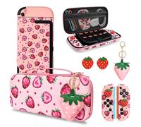 DLseego Storage Carrying Case for Nintendo Switch 2 2025 Accessories Set, 10 Game Card Slots Cute Protective,1 Hard PC Case, 1PC Decorative Pendant, 2 Thumb Grips, Slim & Portable,Strawberry - Pink 1
