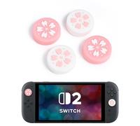 DLseego Thumb Grip Caps for Switch 2,4PCS Kawaii Pretty Flowers Joystick Cover,Non-slip Silicone Enhance Control Comfort Analog Stick Button Cap,White + Pink