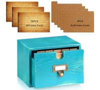 DLUGOPIS Blue 3x5 Index Card Holder with Drawer Wooden Index Card Box Vintage Card Catalog Box 30 Vintage Library Note Cards 5 Kraft Index Cards for School Office Dorm Room Bedroom