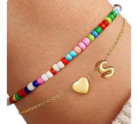 DLUKENY Layering Heart Charm With Colorful Beads Initial Letters Copper Jewelry Teenage Girls Best Friend Stylish Letter Charm Armband