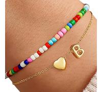 DLUKENY Layering Heart Charm With Colorful Beads Initial Letters Copper Jewelry Teenage Girls Best Friend Stylish Letter Charm Armband