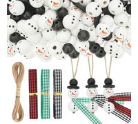 Dluszert 120Pcs Christmas Snowman Wooden Beads, Winter Wooden Beads Snowman for 30 Sets, 18mm Round Wood Bead for Craft with Plaid Ribbon and 10M Rope, Winter Wood Bead for Christmas Tree DIY