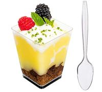 DLux 50 x 160 ml Mini Dessert Cups with Spoons, Square Large | Clear Plastic Parfait Appetizer Cup - Small Reusable Serving Bowl for Tasting Party Desserts Appetizers - With Recipe Ebook