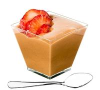 DLux 50 x 3.5 oz Mini Dessert Cups with Spoons, Square Medium - Clear Plastic Parfait Appetizer Cup - Small re-usable Serving Bowl for Tasting Party Desserts Appetizers - with Recipe Ebook