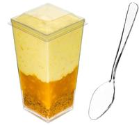 DLux Dessert Cups with Lids & Spoons, 90 ml 100 Pcs - Clear Plastic Parfait Appetizer Cups, Square Tall Reusable Shot Glass Bowl for Party Desserts Appetizers - with Recipe Ebook