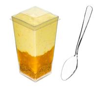 DLux Dessert Cups with Lids & Spoons, 90 ml - Clear Plastic Parfait Appetizer Cups, Square Tall Reusable Shot Glass Bowl for Party Desserts Appetizers - with Recipe Ebook