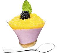 DLux Dessert Cups with Spoons, 105 ml 50 Pcs - Clear Plastic Parfait Appetizer Cups, Small Swirl Reusable Shot Glass Bowl for Party Desserts Appetizers - with Recipe Ebook