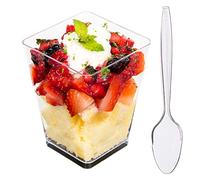 DLux Dessert Cups with Spoons, 160 ml - Clear Plastic Parfait Appetizer Cups, Square Large Reusable Shot Glass Bowl for Party Desserts Appetizers - with Recipe Ebook