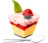 DLux Dessert Cups with Spoons, 60 ml 50 Pcs - Clear Plastic Parfait Appetizer Cups, Square Short Reusable Shot Glass Bowl for Party Desserts Appetizers - with Recipe ebook