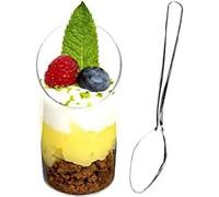 DLux Dessert Cups with Spoons, 75 ml 32 Pcs - Clear Plastic Parfait Appetizer Cups, Slanted Round Reusable Shot Glass Bowl for Party Desserts Appetizers - with Recipe Ebook