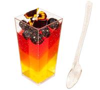 DLux Dessert Cups with Spoons, 90 ml 50 Pcs - Glitter Plastic Parfait Appetizer Cups, Square Tall Reusable Shot Glass Bowl for Party Desserts Appetizers - with Recipe Ebook