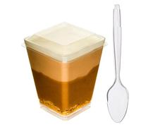 DLux Dessert Cups with Spoons and Lids, 160 ml 40 Pcs - Clear Plastic Parfait Appetizer Cups, Square Large Reusable Shot Glass Bowl for Party Desserts Appetizers - with Recipe Ebook