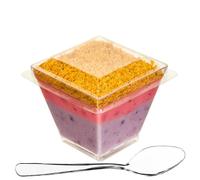 DLux Dessert Cups with Spoons and Lids, 60 ml - Clear Plastic Parfait Appetizer Cups, Square Short Reusable Shot Glass Bowl for Party Desserts Appetizers - with Recipe Ebook