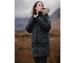 DLX Womens Down Jacket Long Length Full Front Zip Detachable Hood Fur Trim Dana