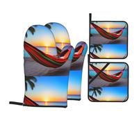 DLXW Coconut Beach Sunset Hammock Pattern Kitchen Baking Set of 4 Featuring 2 Insulated Gloves and 2 Pot lid Pads for Kitchen and Microwave